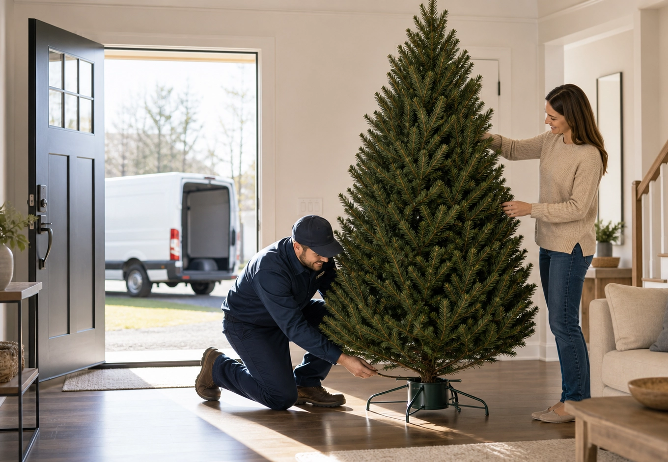 Christmas tree delivery and setup service placing a fresh tree in a home