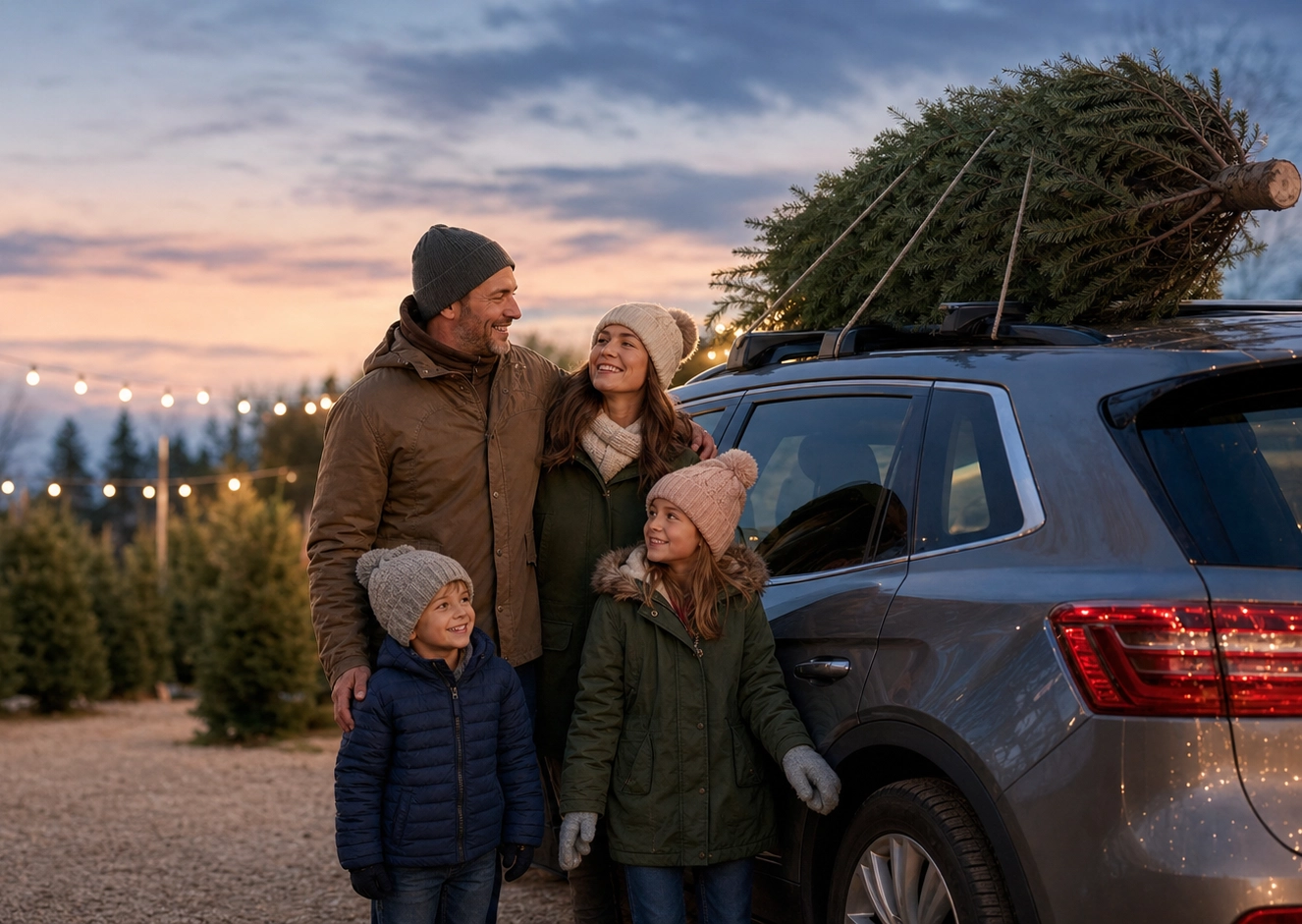 Family picking up a fresh Christmas tree from the lot